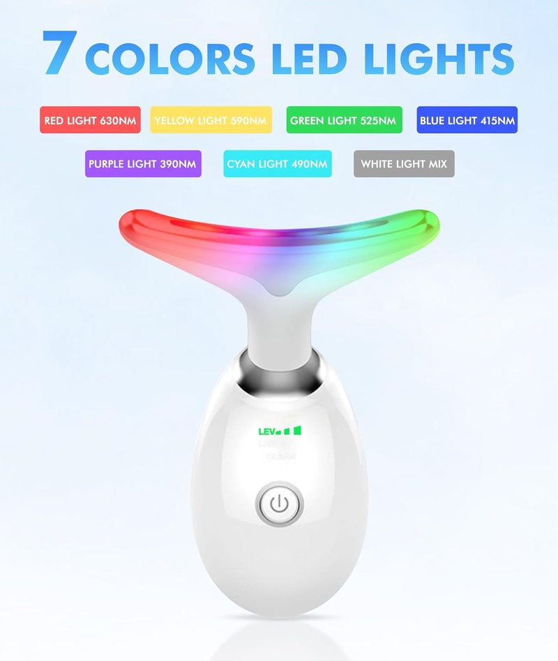 Red Light Therapy Face Massager - 7 Color Vibrating Tool for Wrinkles & Double Chin | Glossy White