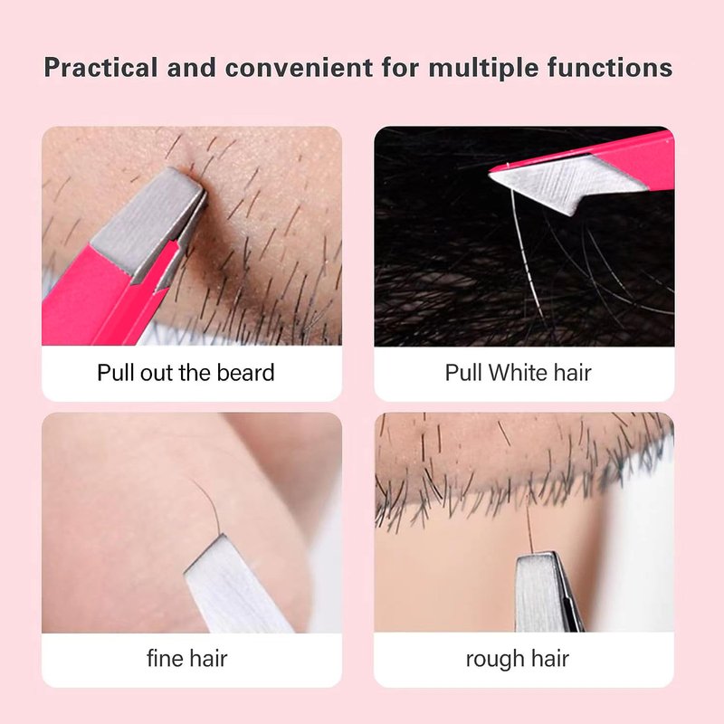 Derlaier Tweezers Set Professional High Precision Stainless Steel Eyebrow Remover Ingrown Hair & Splinter Removal Kit Facial Hair Grooming Tools for Men Women Pink 4 Pcs