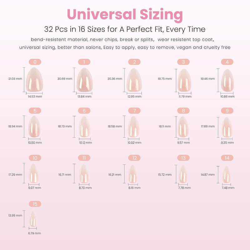Nail Reformation Press On Nails - Ombre Pink Short Almond | Natural Reusable 32 Nail Kit with Glue in 16 Sizes