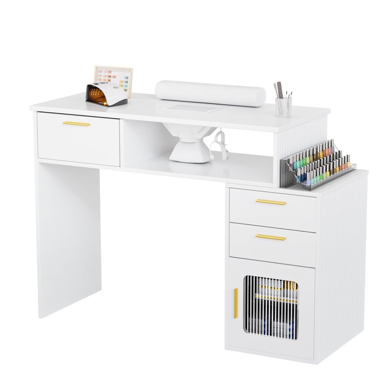 OmySalon Nail Desk with Ribbed Design & Electric Dust Collector - Nail Tech Station with Storage Drawer, Fluted Glass Cabinet & Wrist Cushion for Home Salon & Spa (White)