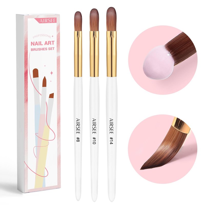 AIRSEE 3PCS Acrylic Nail Brush Set, Size 8/10/14 for Beginner & Professional Use for Acrylic Powder, Nail Art Extension & 3D Carving, 3A+ Nylon, DIY Salon Home, White