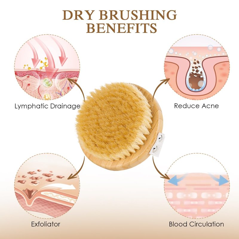 JingSoft Detachable Dry Brushing Body Brush, Natural Boar Bristle Back Scrubber for Shower for Men and Women with Long Handle for Exfoliation and Lymphatic