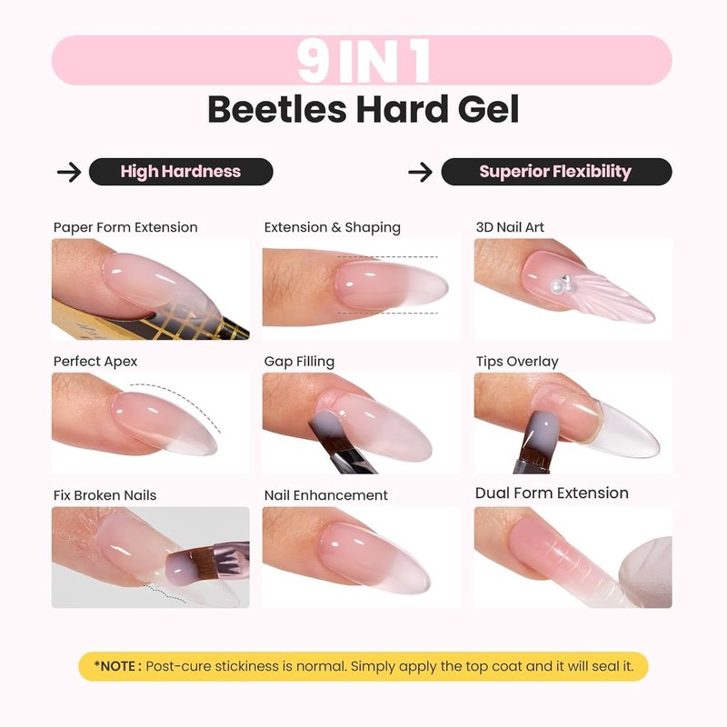 Beetles Hard Gel Nail Kit - 3 Colors Clear Nude Glitter Sculpting Gel with Long Square Tips | UV & LED Cured