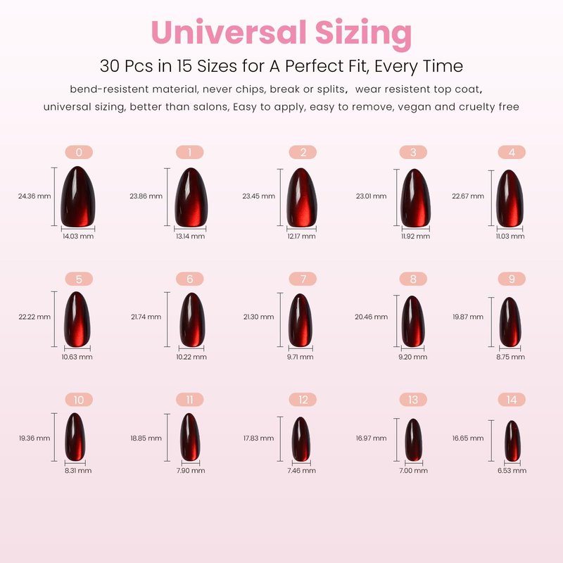Nail Reformation Press On Nails, Burgundy Red Medium Almond Fake Nails with Cat Eye Velvet Finish, Natural Reusable Opaque Stick On Nails in 15 Sizes - 30 Nail Kit with Glue, Manicure Gifts for Women