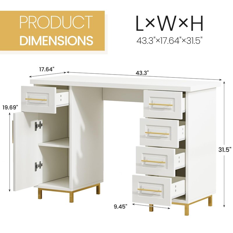 MaverickFurni Nail Tech Desk for Nail Tech, 43 Inch Wooden Manicure Table with Storage, Nail Table with 5 Drawers and Cabinet, Manicure Desk Nail Station (White)
