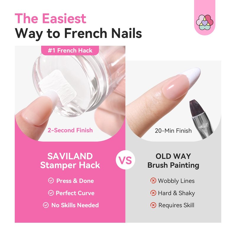 Saviland French Tip Nail Stamper Kit - 18PCS Clear Silicone Nail Stamping Set, Blue+Pink Radium Long & Short Stamper with Scrapers for French Manicure