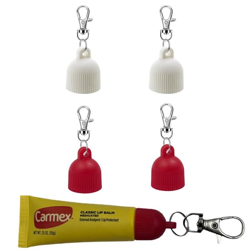 4 Pcs Keychain Cap for Carmex Classic Lip Balm 0.35 oz, Portable Holder Keychain Cap Lip Repair Tubes Red White
