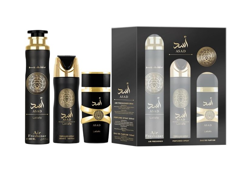 Lattafa Asad 3 Piece Gift Set (3.4 Fl Oz EDP + 6.67 Fl Oz Deo + 10.14 Fl Oz Air Freshener)