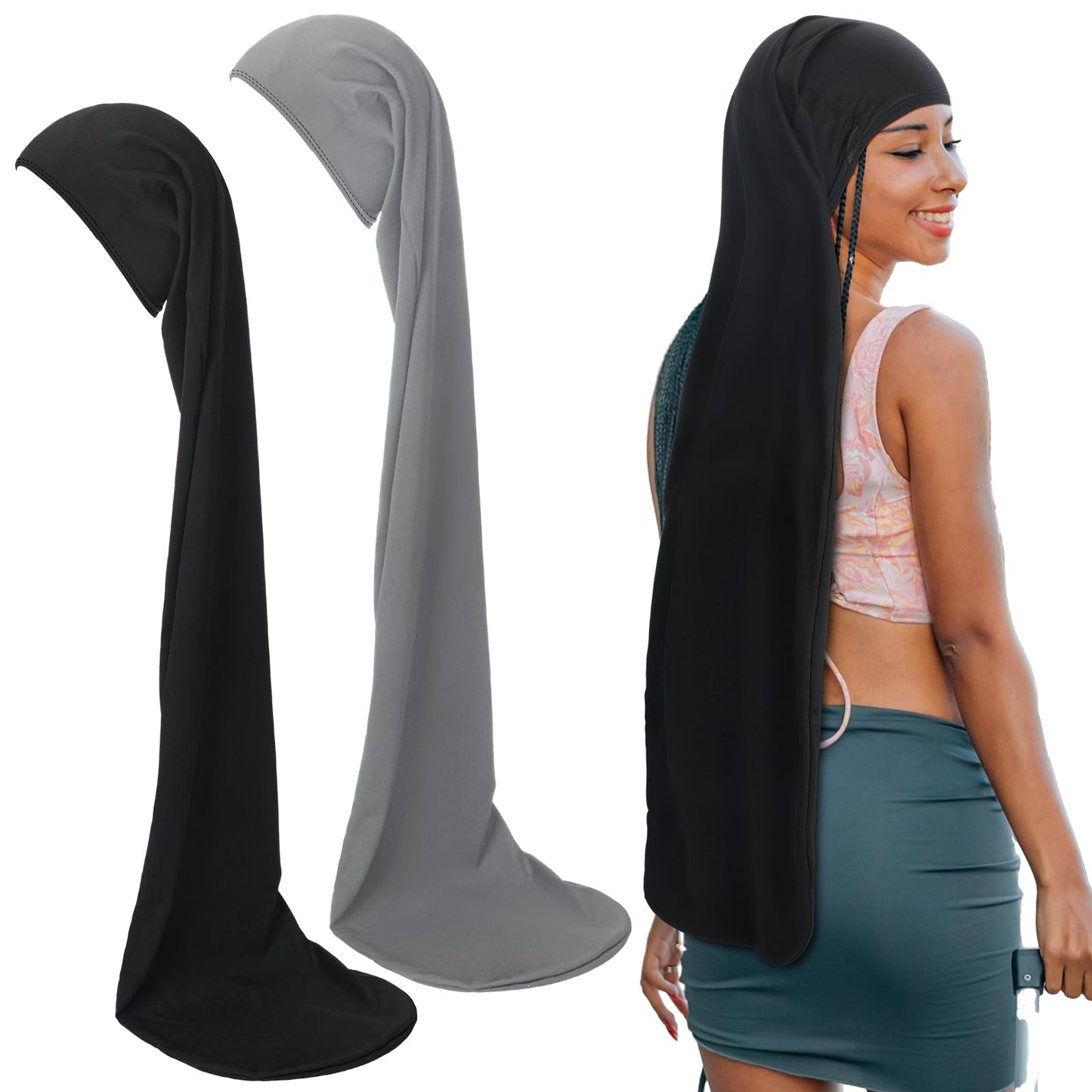 Twistover 2 Pcs Jumbo Dreadlock Cap Hair Dreads Head Wrap Dreadlock Wraps for Dreads Hair Accessories for Men Women Sleeping(Black, Gray,37 Inches)