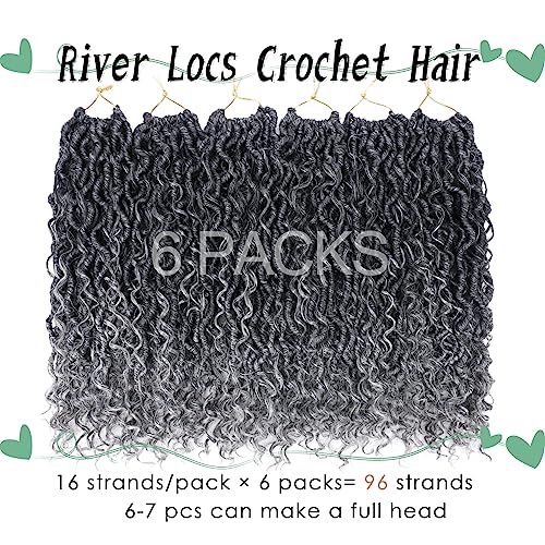 LIYATE Goddess Locs Crochet Hair 14 Inch 6 Packs Faux Locs Crochet Hair for Black Women Pre Looped Soft River Locs Crochet Braids with Curly Hair Bohemian Hippie Locs Hair Extensions(T1B/Gray)