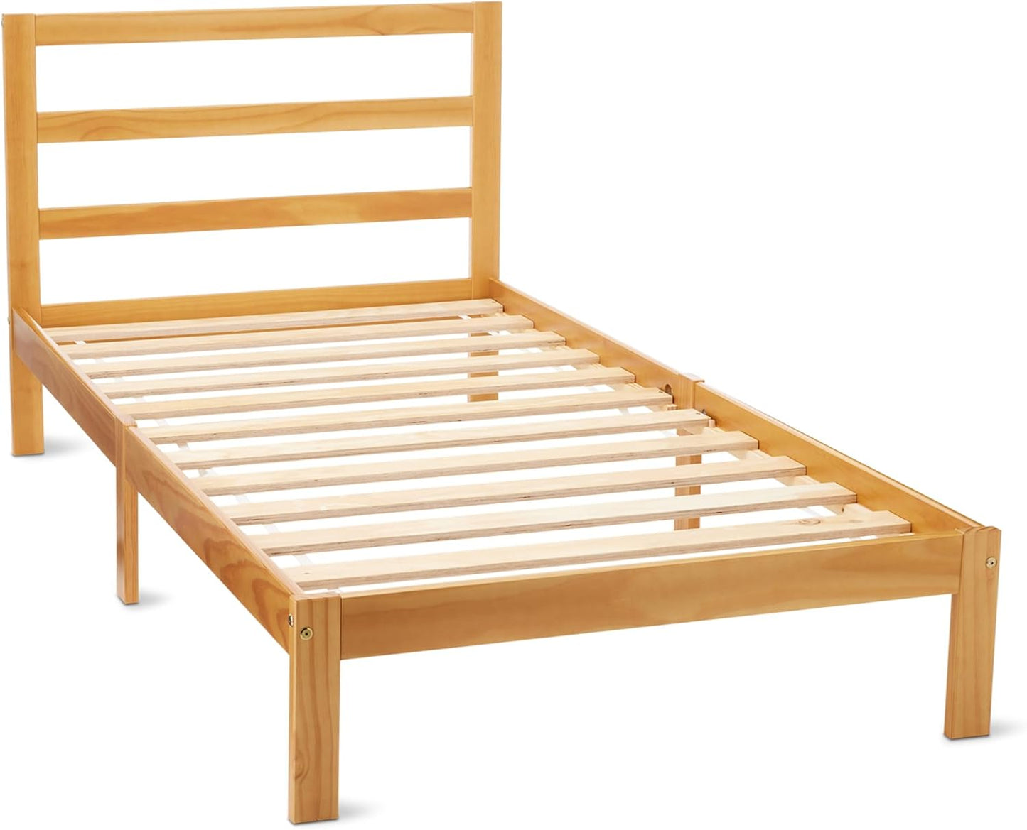 Solid Pine Wood Twin Bed Frame with Headboard - Walnut Finish | Durable & Stylish Design