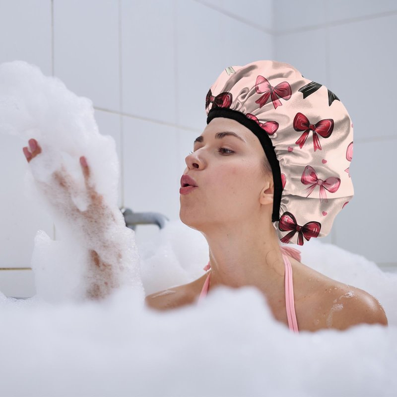 Cabreche Luxury Shower Cap Terry Lined Reusable Triple Layer Waterproof Hair Elastic Caps Shower Bath Hat for Women Girls Cute Aesthetic-Pink Bowknot