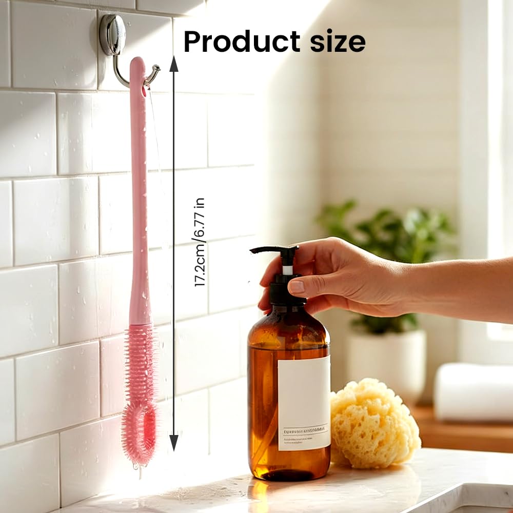 1 Set Toe Cleaning Brush with Long Handle, Soft Rubber Toe Cleaner, Foot Brush for Shower, Exfoliating Foot Scrubber for Seniors, Men, Women (Pink)