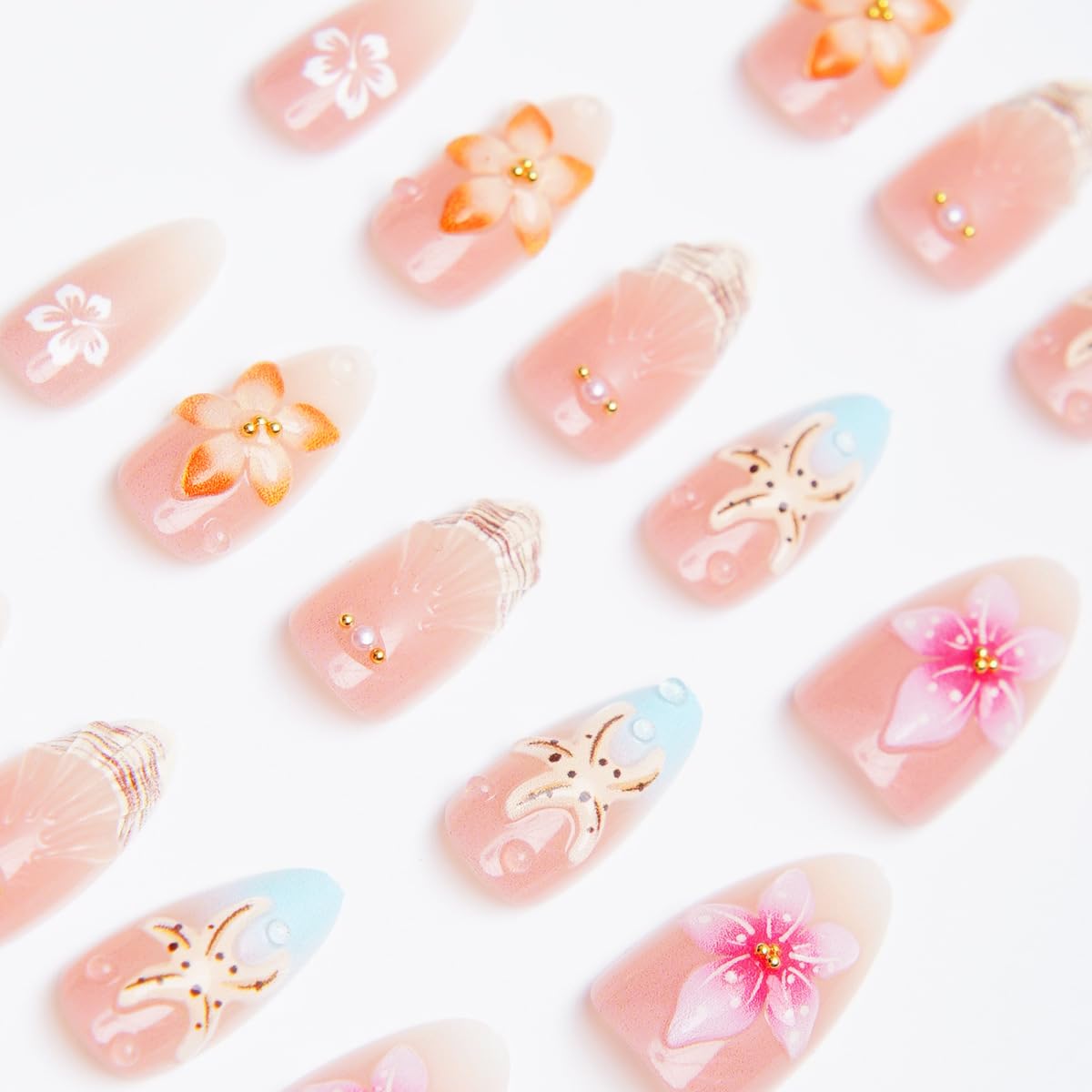 Summer Beach Press-On Nails - 30 Pcs French Almond Shape with 3D Seashell & Starfish Design | Glossy Ocean Theme Acrylic