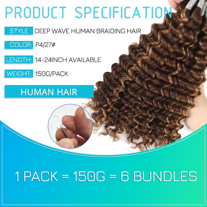 Human Braiding Hair 18 Inch 6 Bundles Human Hair Braiding Hair No Weft Deep Wave Bulk Human Hair for Braiding Hair Extensions for Boho Braids Wet and Wavy 150g P4/27#