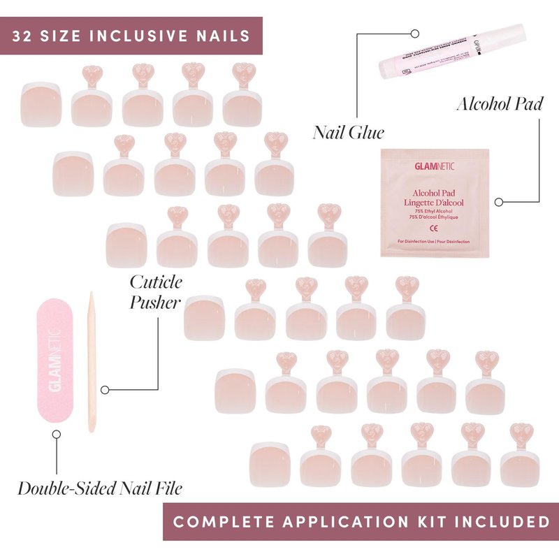 Glamnetic Press On Toenails - MaDamn | Classic White French Tip Glossy Fake Toe Nails | 32-Piece Kit with 16 Sizes & Glue