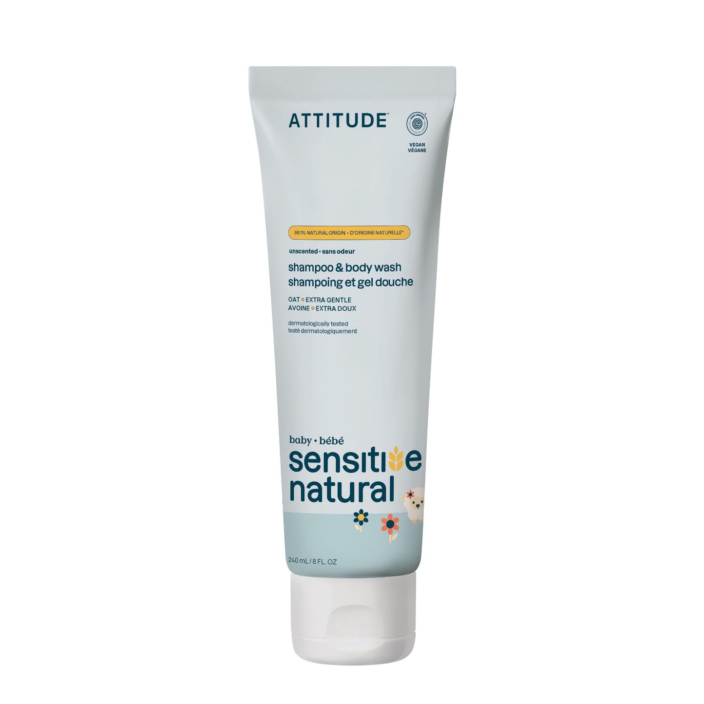 ATTITUDE Baby 2-in-1 Shampoo and Body Wash, EWG Verified, Extra Gentle, Enriched with Oatmeal, Dermatologically Tested, Vegan, Unscented, 8 Fl Oz