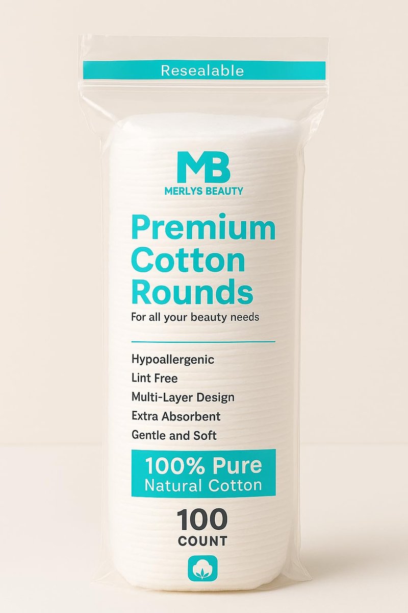 Merlys Beauty Premium Cotton Rounds, 100% Pure Natural Cotton, 100 Count, Hypoallergenic, Lint Free (Pack 6)