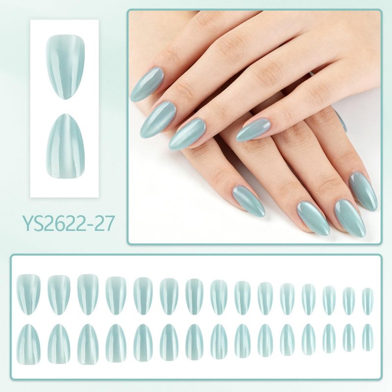 Mint Green Press on Nails Almond Fake Nails with Glitter Design Glossy Full Cover Medium Stick on Nail for Women Manicure 30Pcs