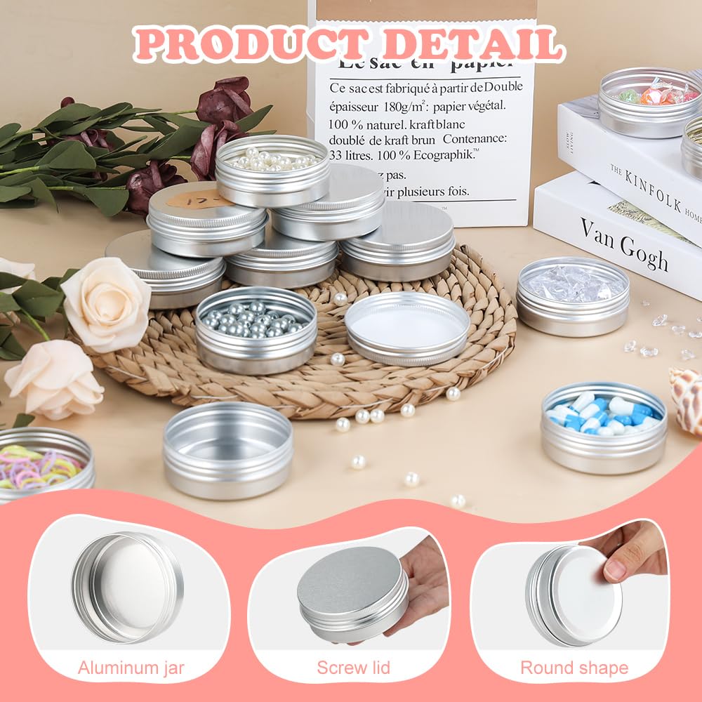 YQ 60 Pack 2oz Tins with Lids, Refillable Salve Tins, Thick 2 oz Tin with Labels, Screw Lid 2oz Tin, Aluminum Round Salve Containers for Lotions, Balms, Salve (Silver)