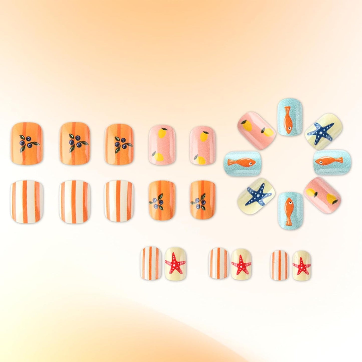 Skiennix Short Square Press-On Nails - Colorful Summer Designs with Starfish & Stripes | 24 Pcs