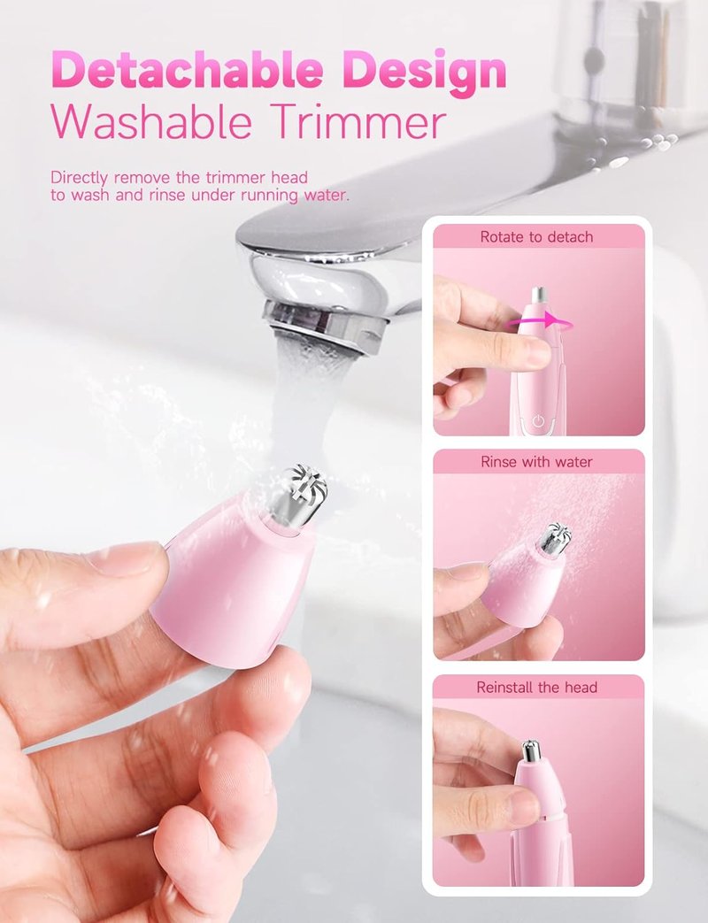 Rechargeable Ear and Nose Hair Trimmer - Professional Painless Eyebrow & Facial Hair Trimmer for Men & Women | Powerful Dual-Edge Blades, Pink