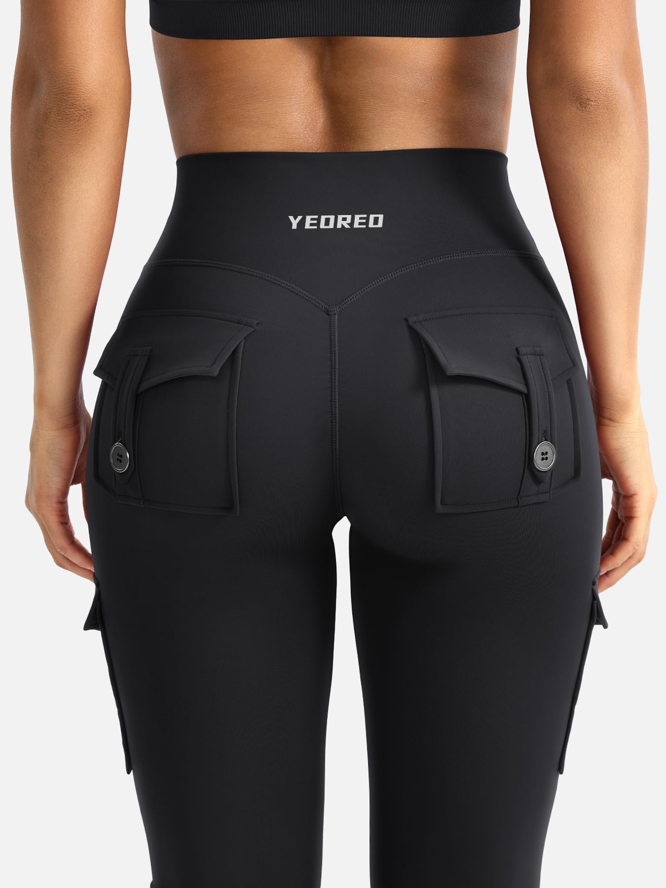 YEOREO CoreFlex Women Workout Flare Leggings with Pockets Hidden Scrunch High Waisted Cargo Gym Yoga Leggings Black L
