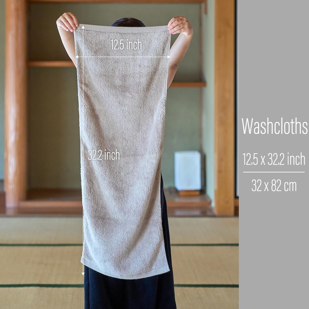 UENO TOWEL Luxury Japanese Wash Cloth - Set of 2, Senshu Towels, Greige, Approx. 13" x 33.5", Ultra Soft, Quick Drying, Absorbent, Lightweight, Ideal for Bath, Bathroom, Yoga, Spa, Body, Gift