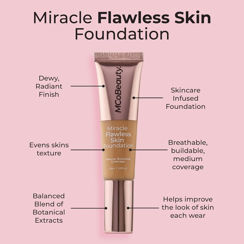 MCoBeauty Miracle Flawless Skin Liquid Foundation Honey - Buildable Medium Coverage Dewy Finish for All Skin Types - Hyaluronic Acid Coconut Water Rose Water Hydrating Face Makeup Vegan - 1 Fl Oz