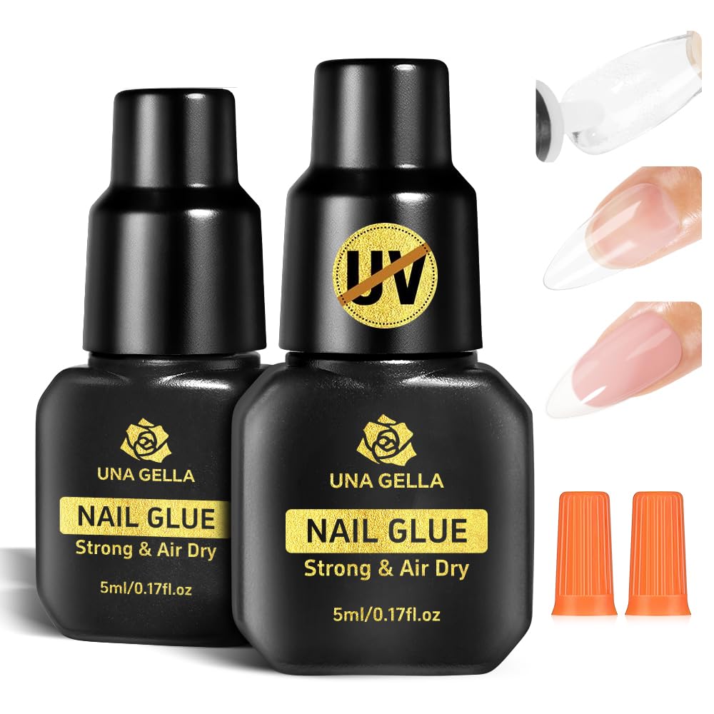 UNA GELLA Super Nail Glue for Press On Nails Quick Drying (5ML*2pcs) Acrylic Nails & Nail Tips No Lamp Need Press On Nails Glue Drip Use with Opener Long Lasting for DIY Nail Art