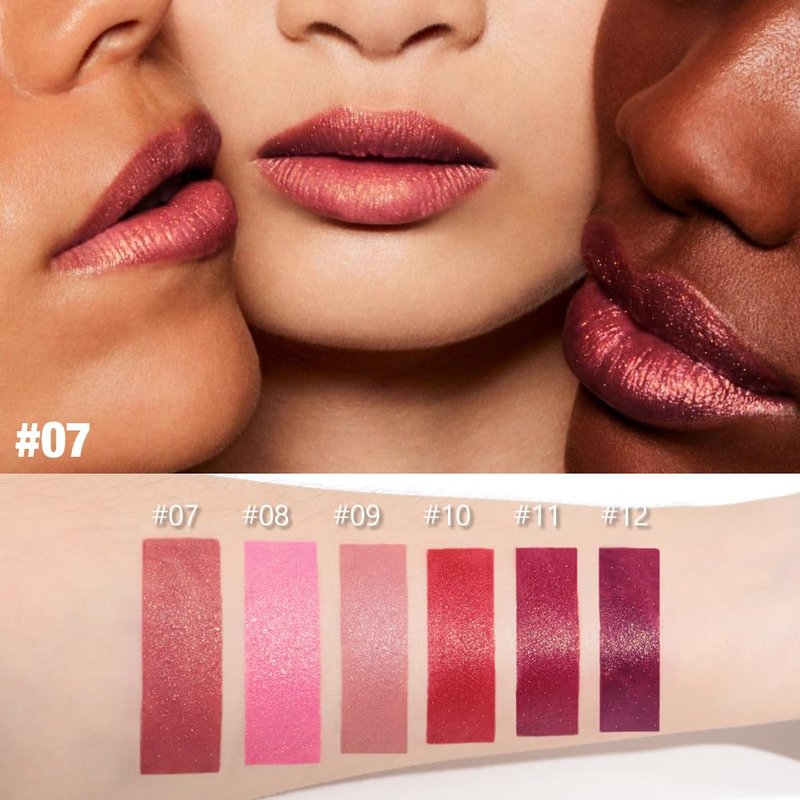 3Pcs Nude Pink Metallic Lipstick Lip Gloss for Women Set,Lightweight Shimmer Frosted Long Lasting Lipstick,Glitter Lip Stain Waterproof Smudge Proof 24 Hour Full Coverage Lip Makeup,Vegan（07,08,09)