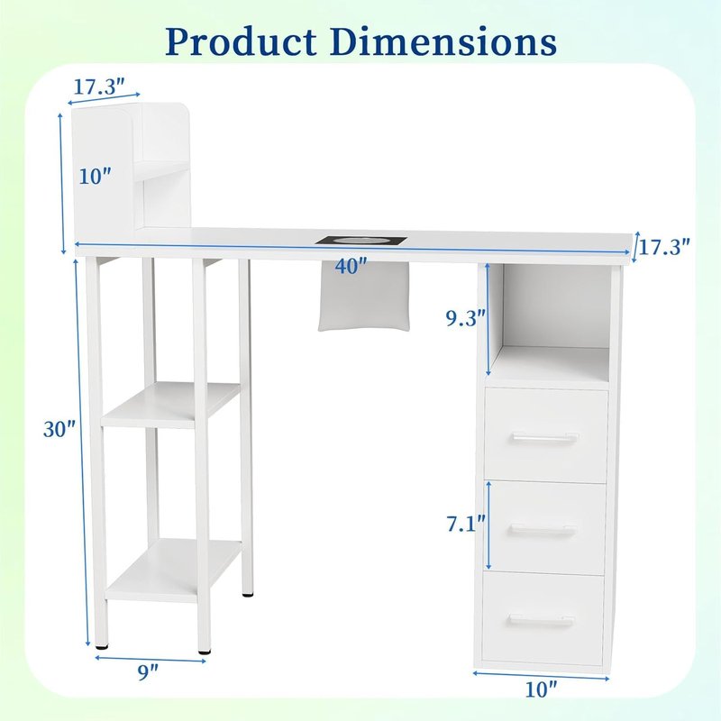 Annzoe Nail Desk for Nail Tech – Manicure Table with Electric Dust Collector, 3 Drawers, 2-Tier Cabinets & 3-Tier Shelves, White Nail Station for Salon or Home Use (White)