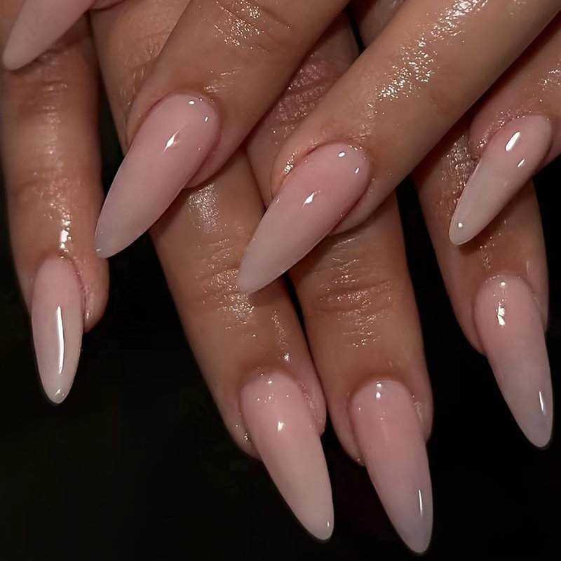Nude Press-On Nails - Medium Almond Glossy French Tip Acrylic | 24 Pcs for Effortless Manicure