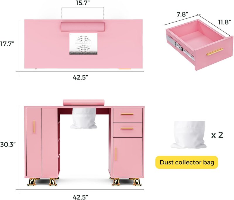 Manicure Table with Dust Collector, Modern Nail Station Nail Desk for Nail Tech with Wrist Rest, Storage Drawer & Cabinet, Beauty Salon Workstation, Pink