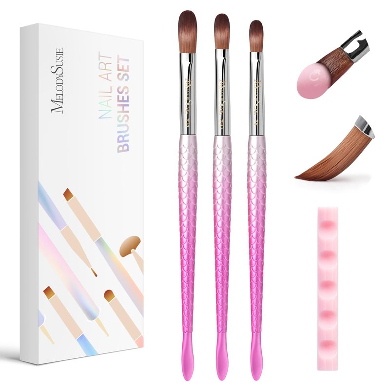 MelodySusie 3Pcs Acrylic Nail Brush Set, Size 8/10/14 with Brush Holder, Nail Art Brushes for Acrylic Application Powder Nail Extension and 3D Carving, Nail Art Tools for DIY Home Salon, Pink-Silver