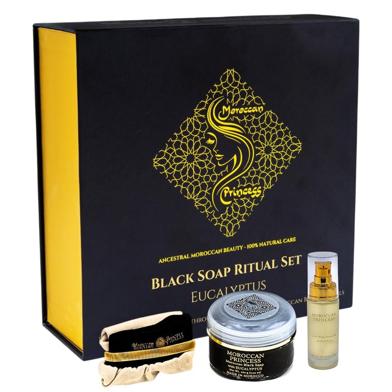 Moroccan Princess Moroccan Black Soap Set – Authentic Hammam Ritual Kit with Argan Oil & Kessa Exfoliating Glove – Exfoliating Body Scrub – Self Care & Gift Set – 200ml