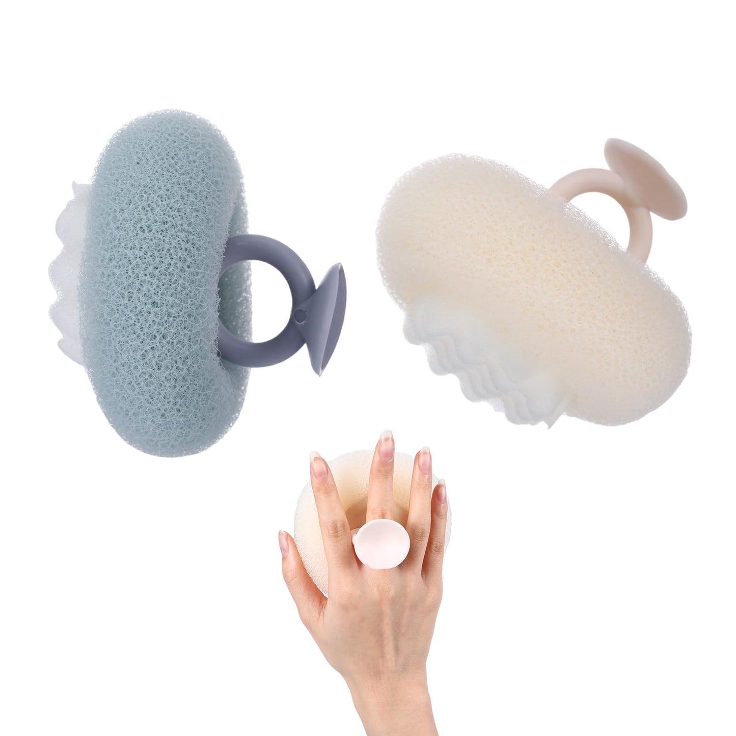 Super Soft Sunflower Suction Cup Bath Ball, 2 in 1 Exfoliating Bath Sponge, Loofah with Suction Cup, Body Sponges for Shower, Bathing Sponges for Women (Blue + Beige)