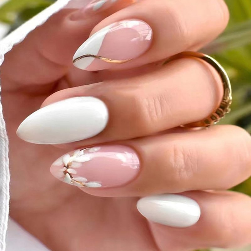 144Pcs Press on Nails Medium Almond Fake Nails French Tip False Nails with Designs Stick on Nails Full Cover Acrylic Nail for Women Manicure 6 Packs