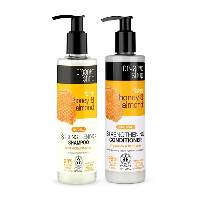 Organic Shop Honey & Almond Hair Strengthening Shampoo & Conditioner Hydrate Moisturizing Restorer, Softens & Deeply Hydrates Dry Damaged Hair, Paraben-Free, Sulfate-Free. 100% Vegan - Organic. Pack-2