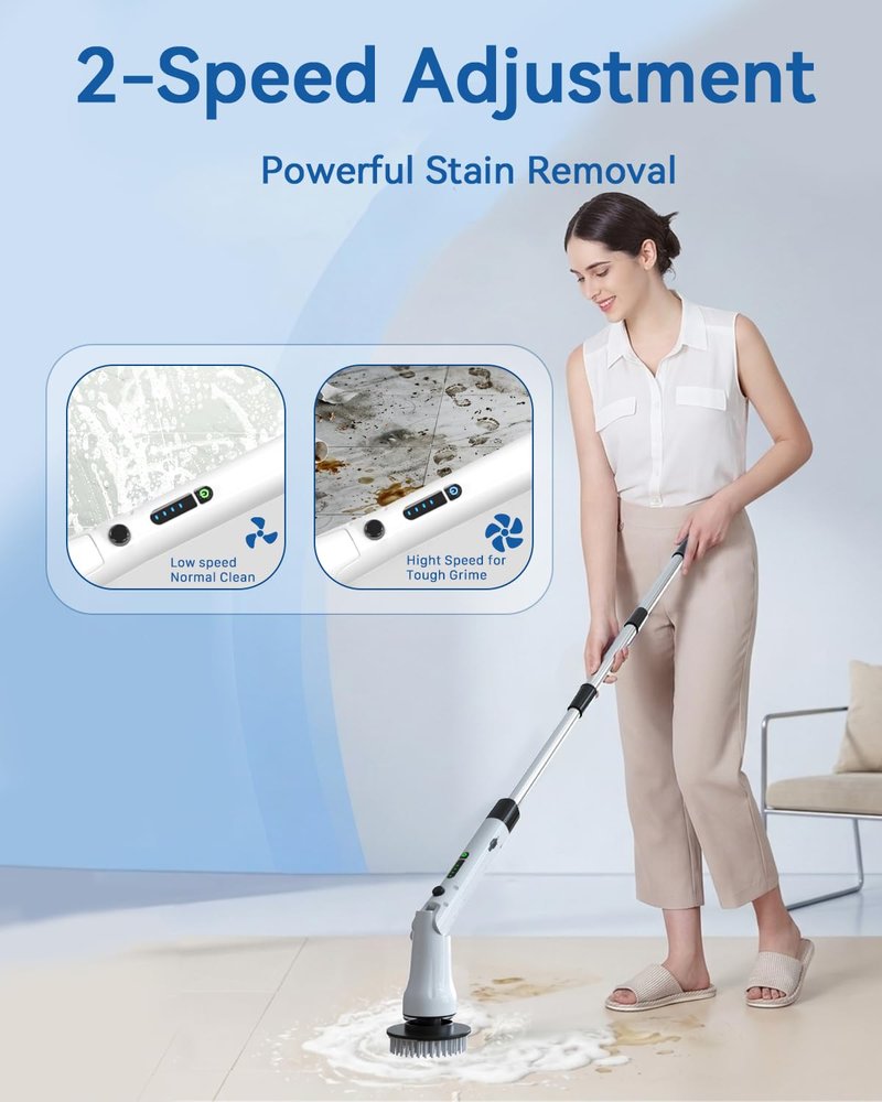 Electric Spin Scrubber, Hillyfe Bathroom Scrubber Electric with 7 Replaceable Brush Heads, IPX7 Waterproof,300/400 RPM, 3 Adjustable Length,Scrubber Brush Electric for Bathtub Floor,White