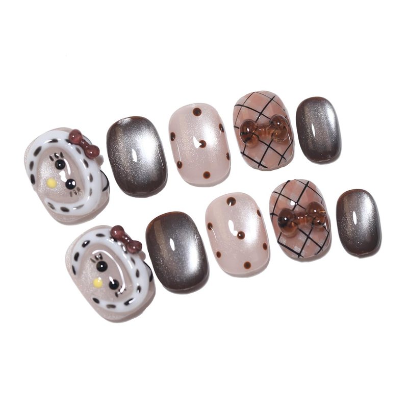 Skiennix 10 Short Oval Handmade Press-On Nails - 3D Floral Cat Eye Polka Dot & Sweet Bow | Easy to Apply & Reusable (XS)