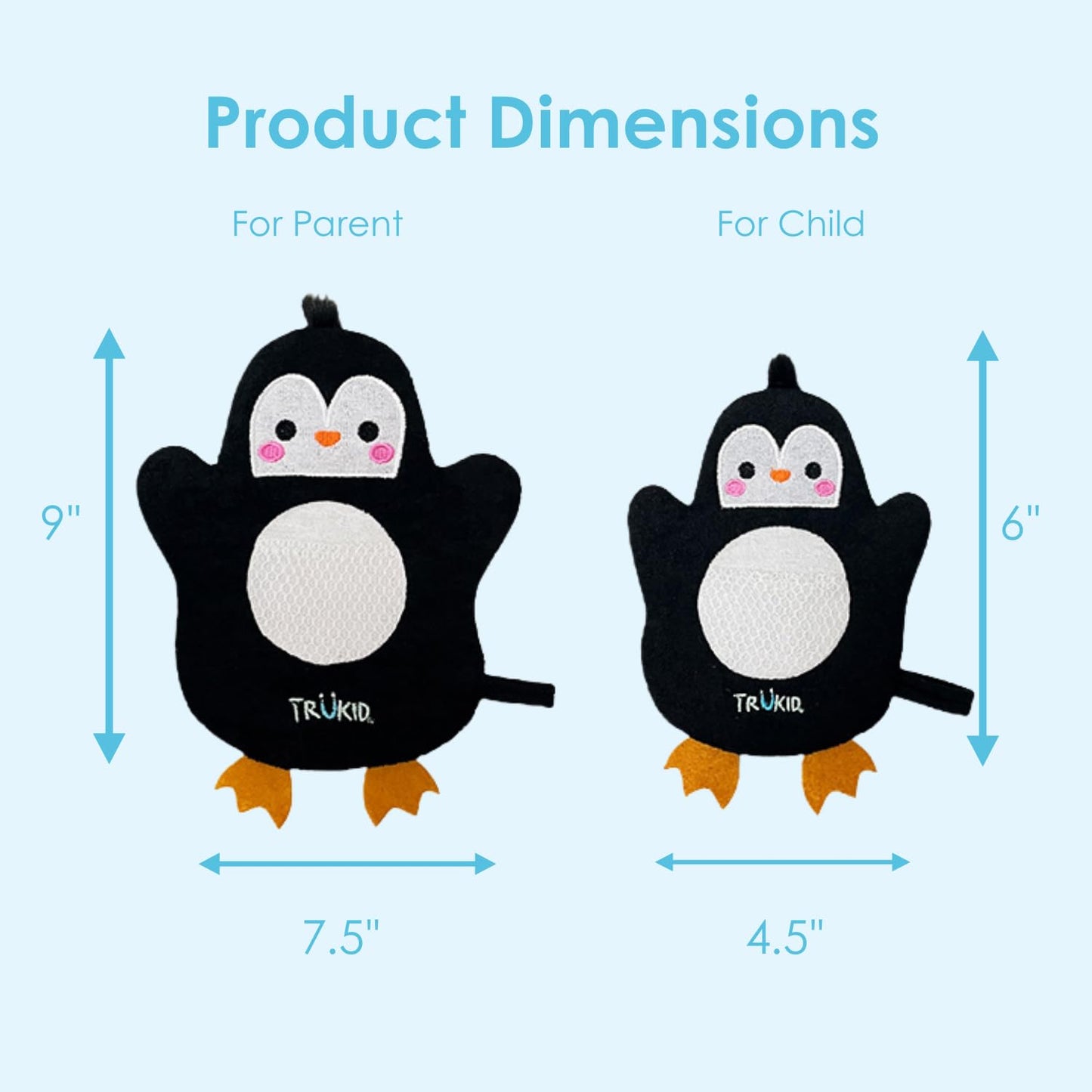 TruKid BubbleGlove, Bath Wash Gloves-Sponge - Hand Puppet for Kids & Toddler, Bath Sponge & Baby Washcloth Mitt for Kids & Adults, Body Scrubber for Mommy & Me - Penguin Set of 2