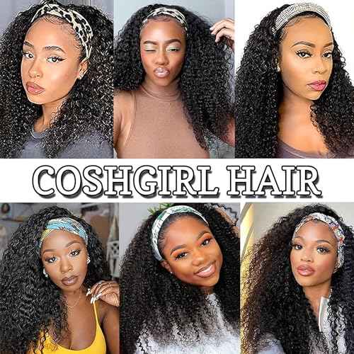 Headband Wig Human Hair Kinky Curly Human Hair Curly Headband Wig 150% Density Wear and Go Glueless None Lace Front Wig Machine Made Wigs for Black Women Natural Color 26Inch