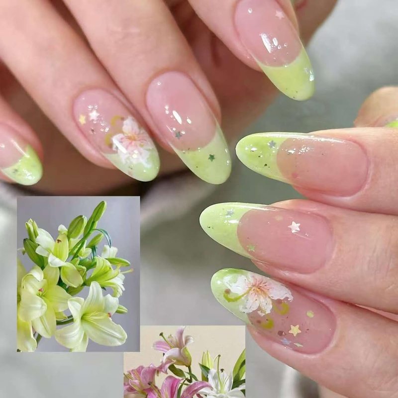 Skiennix 24Pcs Green French Tip Press-On Nails - Medium Almond Shape with Colorful Star & Lily Design