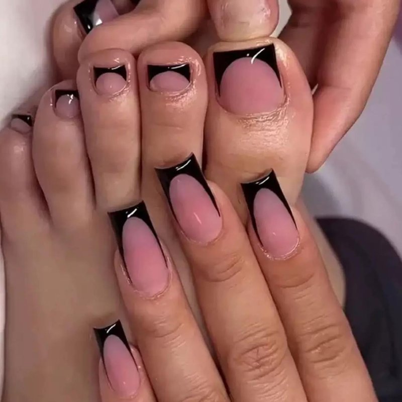 Skiennix 60Pcs Black French Tip Press-On Nails Set | Medium Square Fake Nails for Women