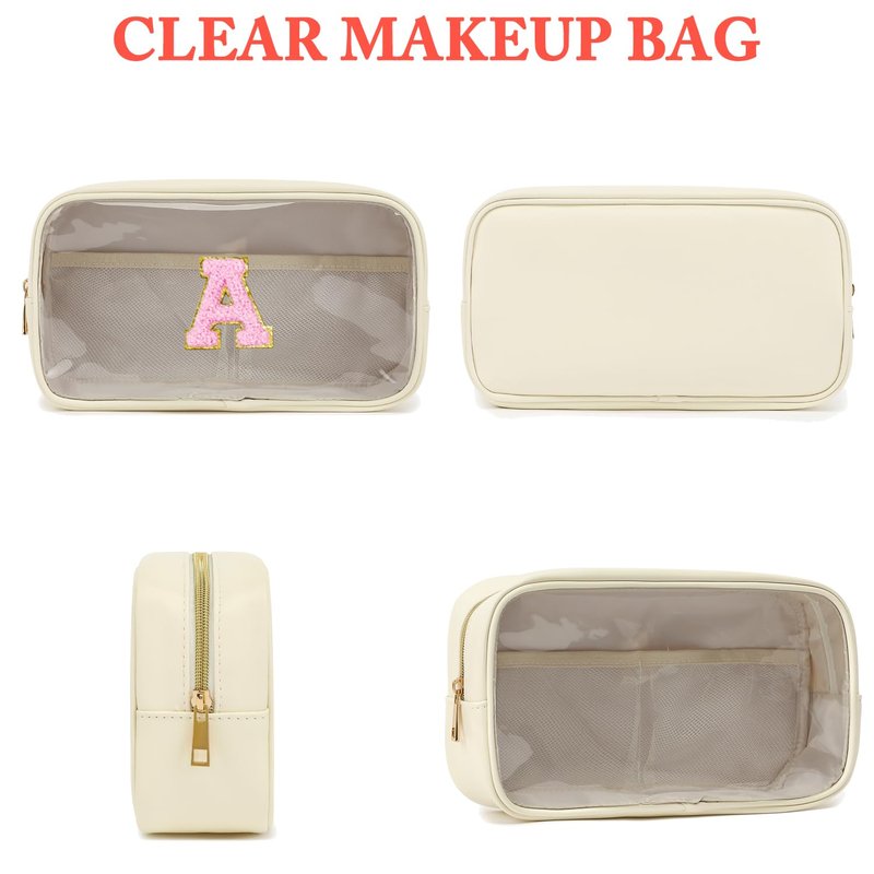 Fammart Clear Makeup Bag with 2 Customizable Chenille Letters - Waterproof PU Leather Cosmetic Case, Large Personalized Toiletry Pouch for Women & Teens, Ideal for Travel & Gift