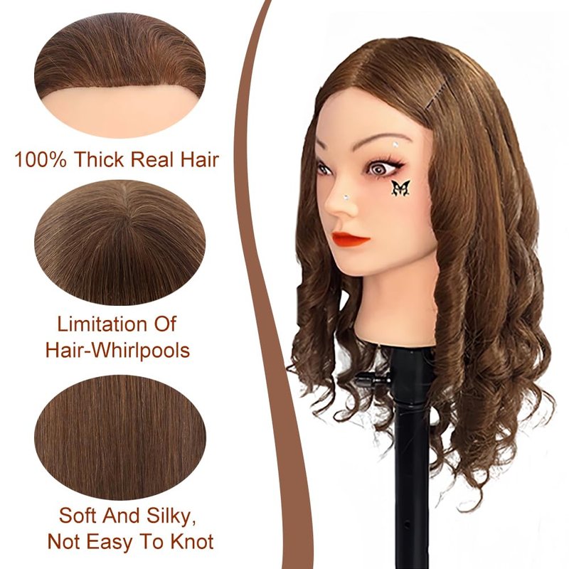 Opini Mannequin Head - 100% Real Human Hair Cosmetology Training Head for Hairstyling (Brown)