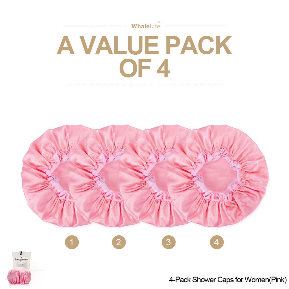 Shower Cap for Women Reusable Extra Large Shower Cap for Men (Pink 4 Pack Large) Satin Double Layer EVA Waterproof Long Hair Cap
