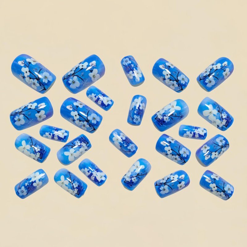 LWTZLW Blue Press on Nails Medium Square False Nails White Flower Design Full Cover Glue on Nail Summer Blue Gradient Floral Reusable Acrylic Fake Nails Glossy Artificial Stick on Nail for Women
