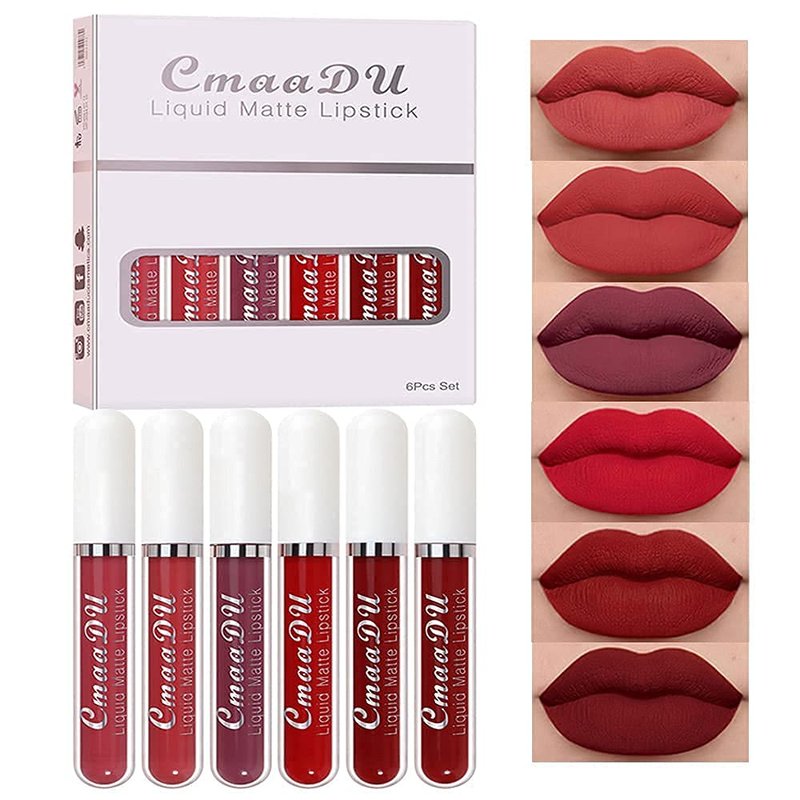 Matte Liquid Lipstick Set - 6 Pcs Long-Lasting Lip Gloss for Women | Dark Ruby, Brick Red, Mauve Shades